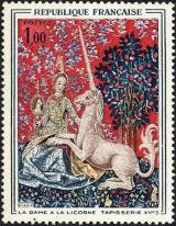 timbre N° 1425, «La Dame à la licorne». Tapisserie (15èm siècle) Musée de Cluny