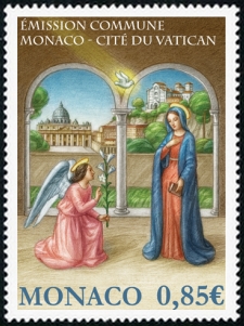 timbre de Monaco N° 3113 légende : Emission commune Monaco Cité du Vatican, L'Annonciation