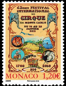timbre de Monaco N° 3117 légende : 42ème festival du cirque de Monte-Carlo