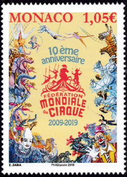 timbre de Monaco N° 3165 légende : 10ème anniversaire de la fédération internationale du Cirque