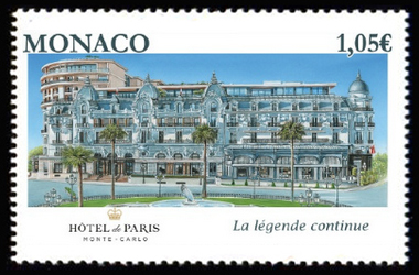 timbre de Monaco x légende : Réouverture de l'Hotel de Paris