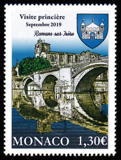 timbre de Monaco x légende : Les Anciens fiefs des Grimaldi - Romans-sur-Isère