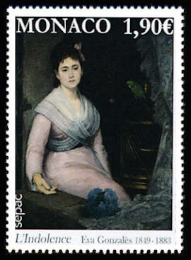 timbre de Monaco x légende : L'indolance œuvre de Eva Gonzalès
