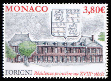 timbre de Monaco x légende : Anciens fiefs des Grimaldi - Torigni résidence