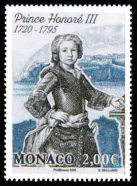 timbre de Monaco x légende : Prince Honoré III 1720-1795