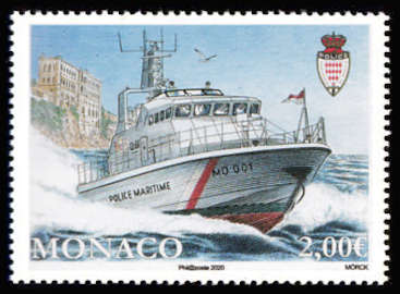 timbre de Monaco x légende : Nouvelle embarcation de police portuaire de Monaco