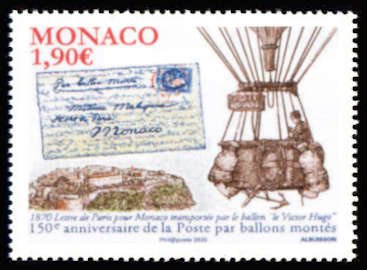 timbre de Monaco x légende : 150ème anniversaire de la Poste par ballons montés