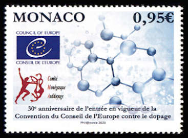 timbre de Monaco x légende : 30ème anniversaire de l'entrée en vigueur de la convention du Conseil de l'Europe contre le dopage