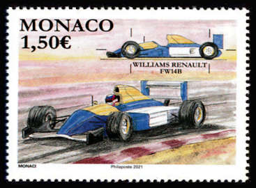 timbre de Monaco x légende : Voiture de course Williams Renault FW14B