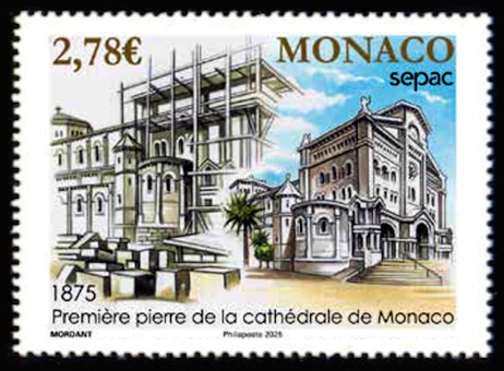 timbre de Monaco x légende : Première pierre de la cathédrale de Monaco