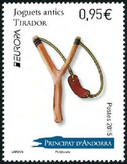 timbre Andorre N° 767 légende : Europa, les jouets anciens, la fronde ou lance-pierre