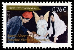 timbre Andorre N° 776 légende : Estève Albert-Crèche, crèche vivante d'Engordany