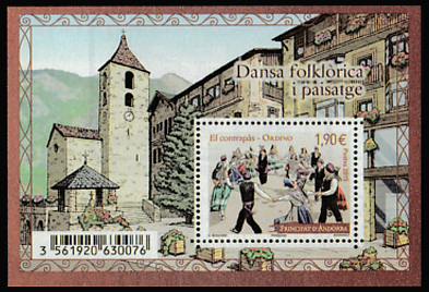 timbre Andorre N° F771 légende : Dansa folklorica i paisatge