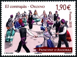 timbre Andorre N° 771 légende : Dansa folklorica i paisatge