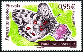 timbre Andorre N° 774 légende : Papillon Parnassius apollo