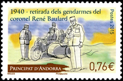 timbre Andorre N° 766 légende : 75ème anniversaire de la retraite des gendarmes du colonel René Baulard