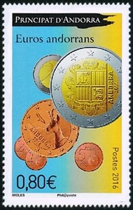timbre Andorre N° 777 légende : Euros andorrants 2 € et 5 centimes