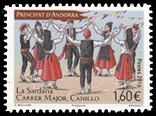 timbre Andorre N° 786a légende : Dansa folklorica i paisatge