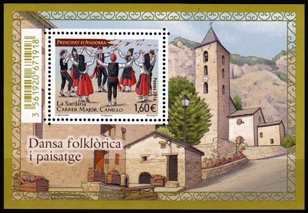 timbre Andorre N° 786 légende : Dansa folklorica i paisatge