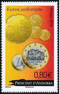 timbre Andorre N° 778 légende : Euros andorrants 2 € et 5 centimes