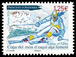 timbre Andorre N° 779 légende : Coupe du monde de ski féminin à Grandvalira sur le domaine de Soldeu El Tarter