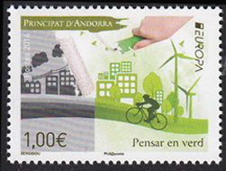 timbre Andorre N° 783 légende : Europa L'écologie en Europe, main peignant un paysage urbain gris en unne ville écologique