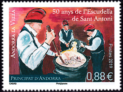 timbre Andorre N° 826 légende : 50 ans de l'escudelle de saint Antoine
