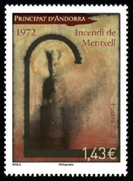 timbre Andorre Att N° légende : L'incendie du sanctuaire Marial de Meritxell