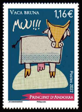 timbre Andorre Att N° légende : Vache brune - Vaca bruma