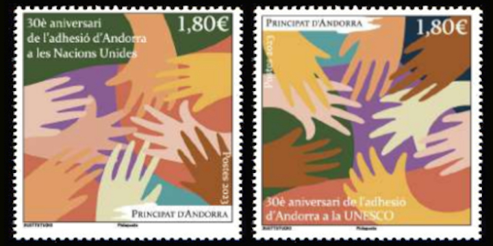 timbre Andorre Att N° légende : 30ème anniversaire de l'adhésion d'Andorre aux Nations Unies et à l'UNESCO