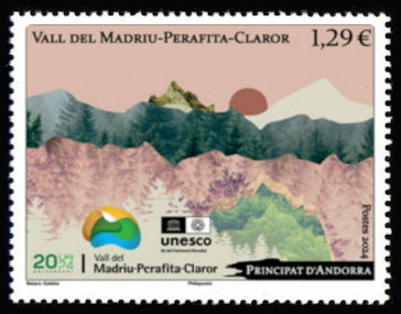 timbre Andorre Att N° légende : Vallée du Madriu-Perafi taClaror