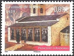 timbre Andorre N° 715 légende : Le conseil de la terre