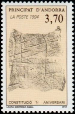 timbre Andorre N° 443 légende : 1er anniversaire de la constitution