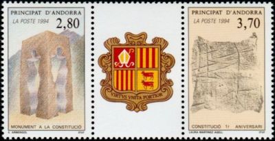 timbre Andorre N° 443A légende : 1er anniversaire de la constitution