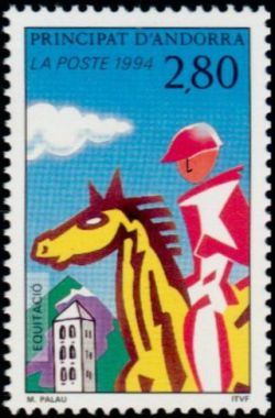 timbre Andorre N° 447 légende : Tourisme et sport en Andorre