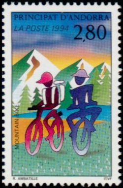 timbre Andorre N° 448 légende : Tourisme et sport en Andorre