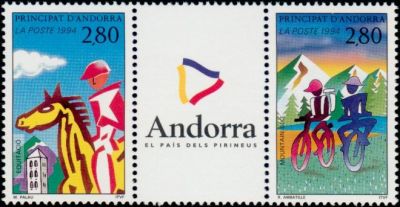 timbre Andorre N° 450A légende : Tourisme et sport en Andorre