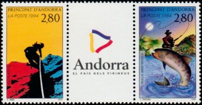 timbre Andorre N° 450B légende : Tourisme et sport en Andorre