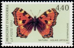 timbre Andorre N° 452 légende : Papillon : Aglais utricae