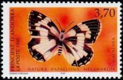 timbre Andorre N° 463 légende : Papillon : Melanargia galathea