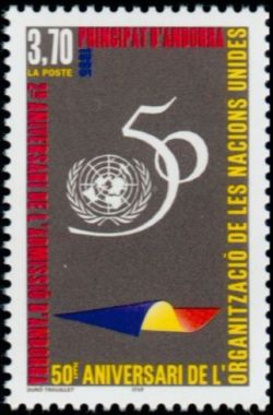 timbre Andorre N° 465 légende : 50è anniversaire de l'organisation des Nations Unies