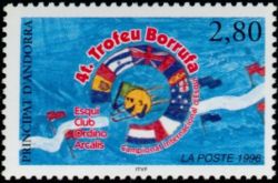 timbre Andorre N° 467 légende : 4è trophée Borrufa, chanpionnats internationau0 de ski