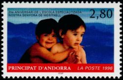 timbre Andorre N° 469 légende : 25é anniversaire de l'école spécialisée Notre-Dame de Merit0ell