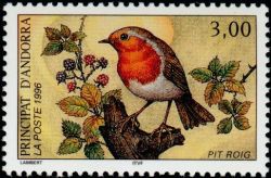 timbre Andorre N° 470 légende : Rouge-gorge