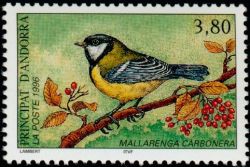 timbre Andorre N° 471 légende : Mesange charbonnière