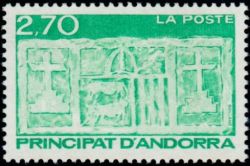 timbre Andorre N° 472 légende : Ecu primitif des Vallées