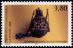 timbre Andorre N° 475 légende : Encensoir de Santa Eulalia d'Encamp