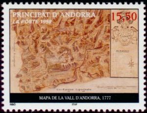 timbre Andorre N° 509 légende : Carte du principat