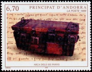 timbre Andorre N° 523 légende : Coffre au0 si0 serrures