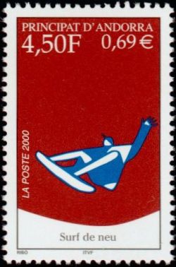 timbre Andorre N° 526 légende : Surf des neiges